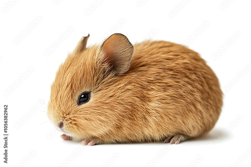 Studio shot of a fluffy baby guinea pig resting on a seamless white backdrop Studio shot of a fluffy baby guinea pig resting on a seamless white backdrop