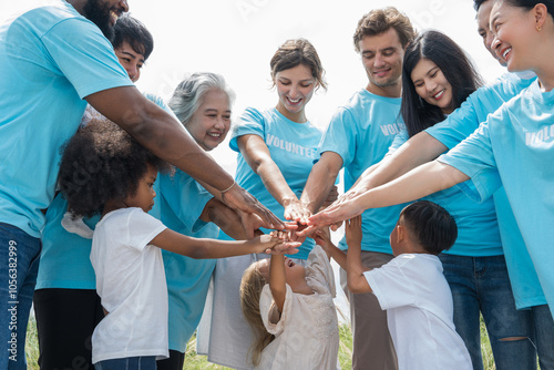 World environment day, Volunteer hand stack people to show teamwork spirit togetherness, Business people holding earth environmentally environment world earth day concept