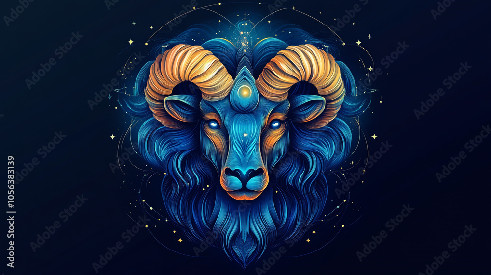 Majestic blue ram with golden horns set against a dark cosmic background at night Majestic blue ram with golden horns set against a dark cosmic background at night