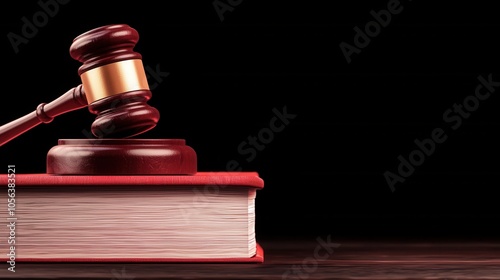 A wooden gavel rests beside a thick law book, symbolizing justice and legal proceedings against a stark black background.