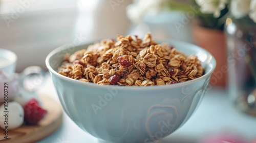 Balanced breakfast with homemade granola muesli on table