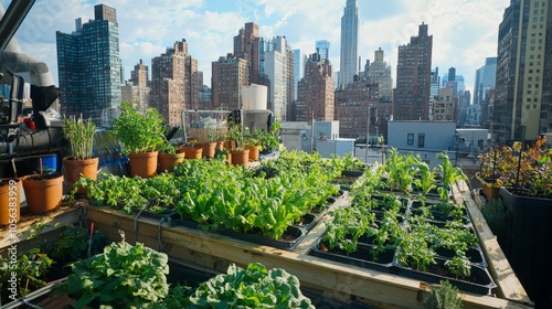 A panoramic view of a rooftop hydroponic garden, with fresh vegetables growing in water-based systems high above the city streets photo