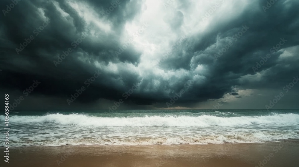 Dark storm clouds forming over a calm beach generative ai Dark storm clouds forming over a calm beach generative ai