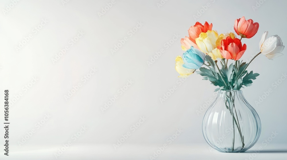 A vase filled with colorful tulips against a light background. A vase filled with colorful tulips against a light background.