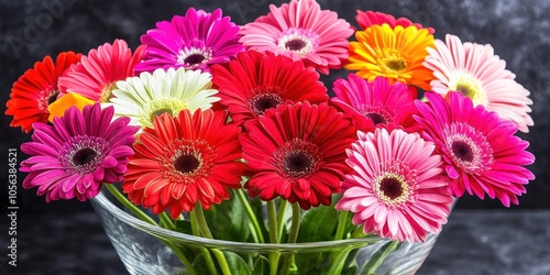 A vibrant bouquet of colorful gerbera daisies in a clear glass vase.