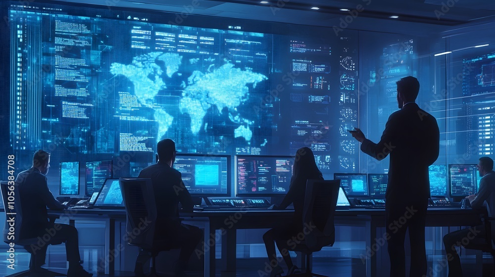 Supervisor Holds Briefing for His Employees in System Control Center Full of Monitors and Servers. Possibly Government Agency Conducts Investigation. Supervisor Holds Briefing for His Employees in System Control Center Full of Monitors and Servers. Possibly Government Agency Conducts Investigation.