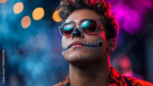 A young man with a skull makeup looks up with a serious expression.