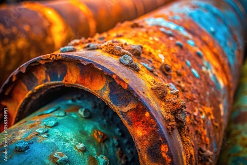 Close-up on decay: A metal artery succumbs to time, its surface etched with the ravages of rust. photo