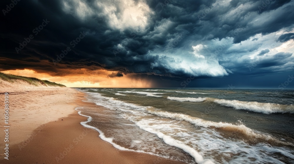 Dark storm clouds forming over a calm beach generative ai Dark storm clouds forming over a calm beach generative ai
