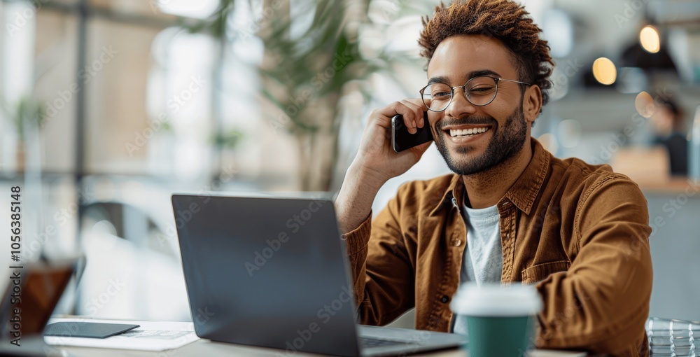 Smiling businessman with laptop on mobile phone working in modern office Smiling businessman with laptop on mobile phone working in modern office