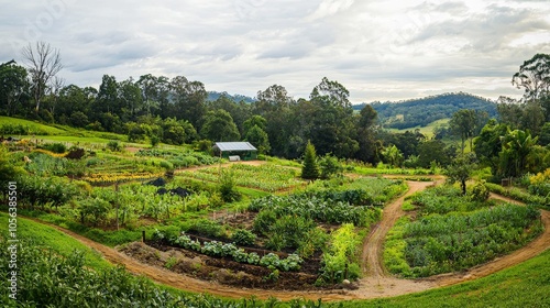 A panoramic view of a small-scale permaculture farm with rotational grazing, composting, and polycultures integrated into the landscape photo