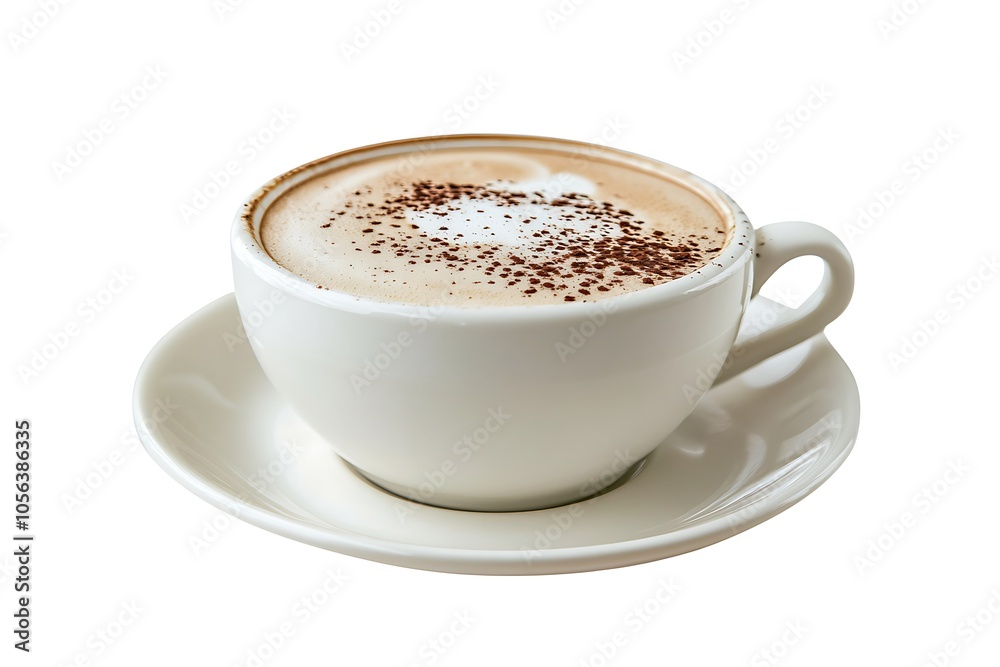 Creamy cappuccino with cocoa powder topping served in a white cup and saucer, isolated on a white background Creamy cappuccino with cocoa powder topping served in a white cup and saucer, isolated on a white background