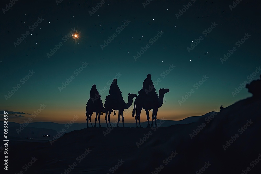 the three wise men on camels fllowing a bright star in the desert,generative ai the three wise men on camels fllowing a bright star in the desert,generative ai