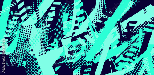 Abstract geometric pattern with blue, teal, and green colors, with a dotted texture.