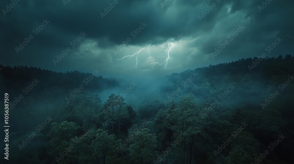 Dark and stormy sky over a dense forest, with lightning in the distance, generative ai Dark and stormy sky over a dense forest, with lightning in the distance, generative ai