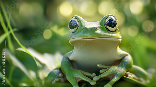 A green frog sits peacefully among lush greenery during a sunny afternoon in nature