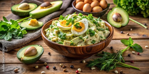 Drone perspective on a delicious avocado egg salad bowl.