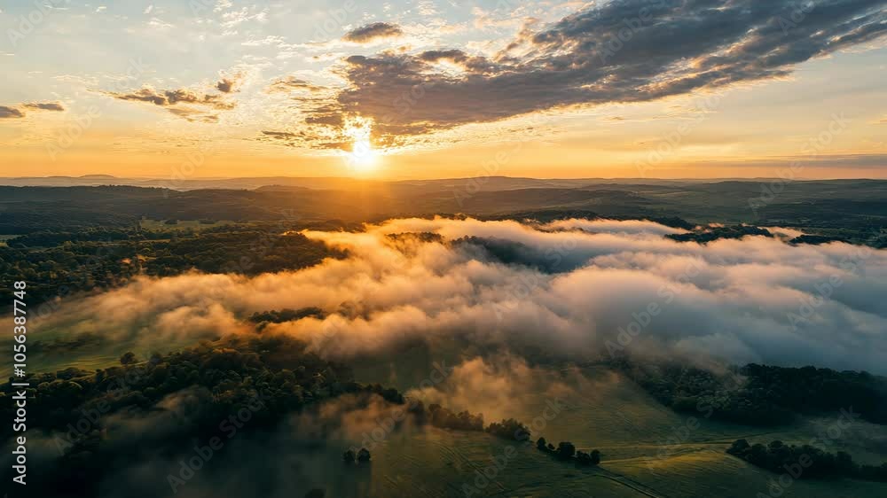 The sun rises over a foggy valley, illuminating the clouds in a golden hue The sun rises over a foggy valley, illuminating the clouds in a golden hue
