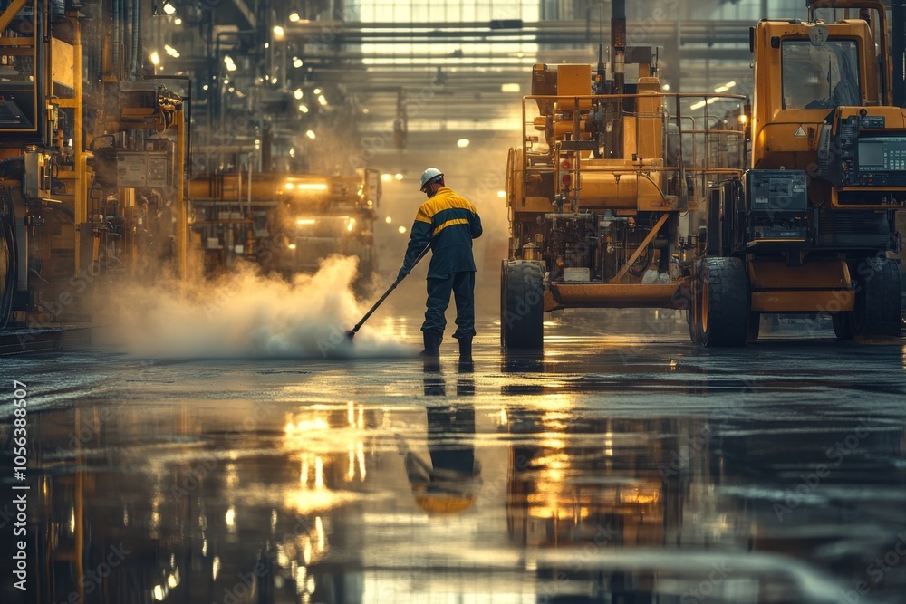 Obraz premium Industrial Worker Cleaning Factory Floor with Steam Cleaner