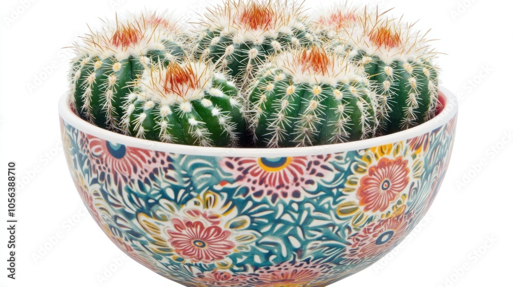 A colorful bowl filled with spiky cacti showcasing vibrant floral patterns. A colorful bowl filled with spiky cacti showcasing vibrant floral patterns.
