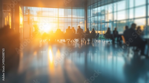 Blurred business people meeting in office interior with space for background or banner design. 