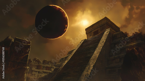 Eclipse over a mayan temple illustration. Mayan Sun Temple. Illustration photo