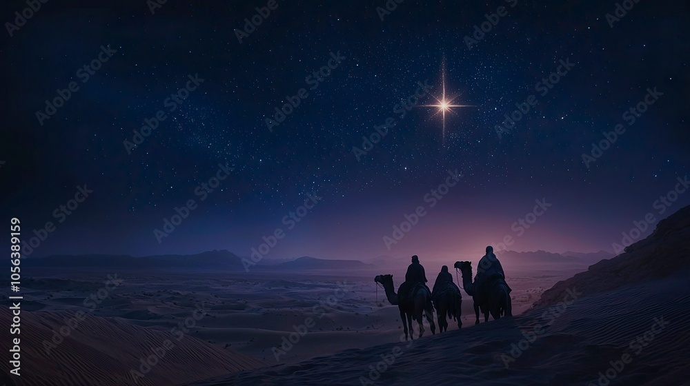 Fototapeta premium three wise man and three camels taking a break in the desert under an illuminated star, symbolizing divine presence during Christmas. ,generative ai