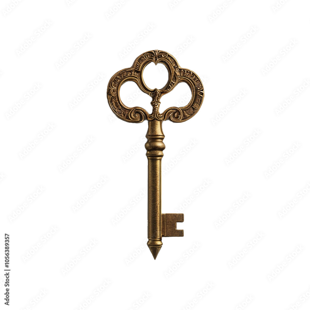 An antique key with a golden old shape with a pattern An antique key with a golden old shape with a pattern