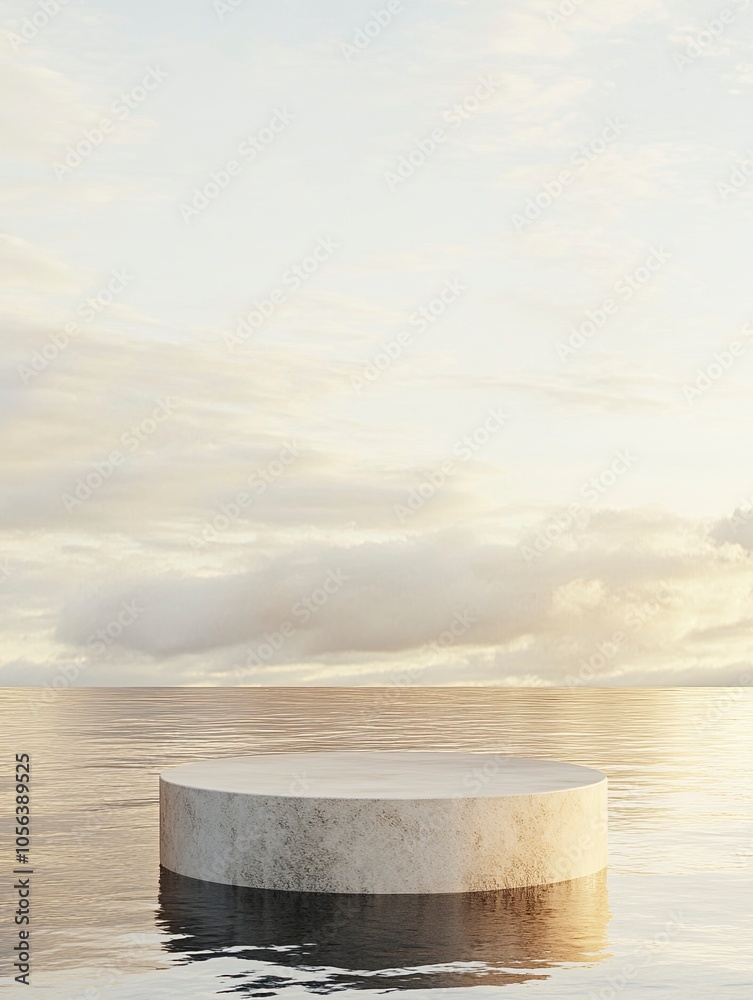 White pedestal in water, concrete, sky background at dusk, light beige and amber style, realistic composition, deconstructed minimalism, light beige and beige, ,generative ai White pedestal in water, concrete, sky background at dusk, light beige and amber style, realistic composition, deconstructed minimalism, light beige and beige, ,generative ai