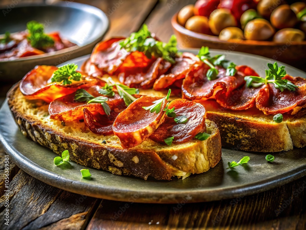 Flavorful chorizo and ham elevate simple toasted bread. Flavorful chorizo and ham elevate simple toasted bread.