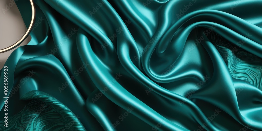 Fototapeta premium Luxurious teal satin fabric, flowing folds, shimmering texture, silky smooth surface, rich emerald green hues, elegant drapery, soft reflections, high-end textile, fashion background, opulent material