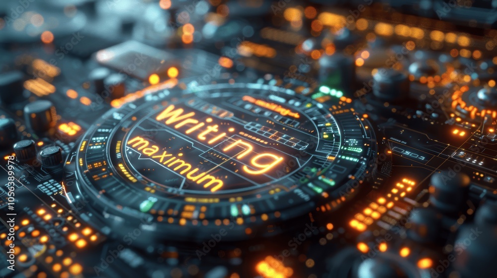 Circular Button Rendering with Text in Futuristic Hologram Style on Dark Blue Background