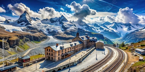 From above, the Gornergrat Railway Station appears dwarfed by the grandeur of the Swiss Alps. photo