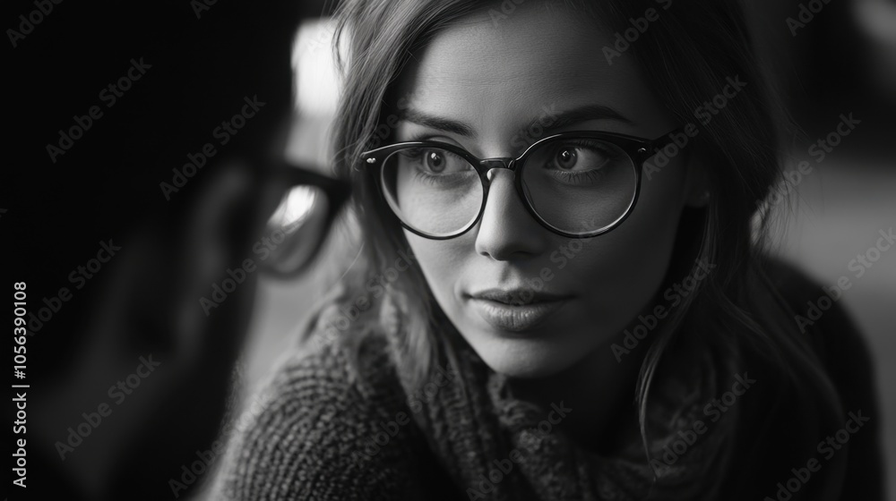 Woman in Glasses Looking at Someone with Suspenders Woman in Glasses Looking at Someone with Suspenders