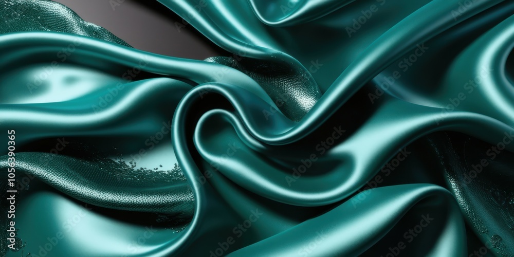 Obraz premium Luxurious teal satin fabric, flowing folds, shimmering texture, silky smooth surface, rich emerald green hues, elegant drapery, soft reflections, high-end textile, fashion background, opulent material