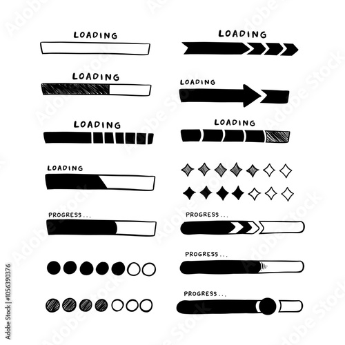 Set progress and loading bar doodle hand drawn design asset collection