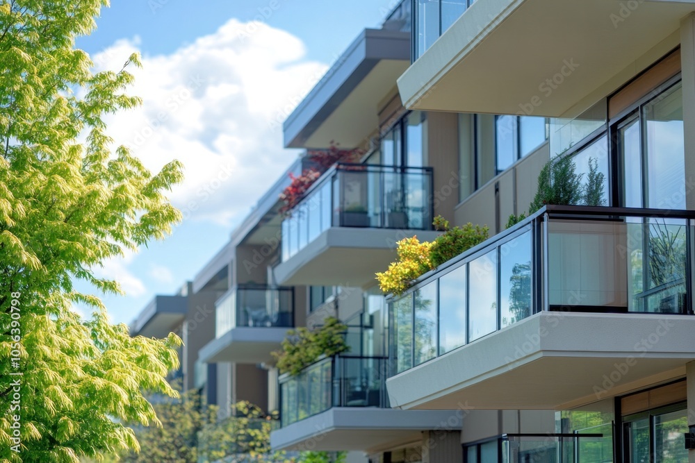 A condominium with balconies, each designed for privacy and featuring glass railings, overlooking a well-maintained urban landscape. A condominium with balconies, each designed for privacy and featuring glass railings, overlooking a well-maintained urban landscape.