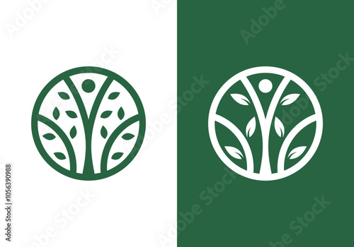 line art nature logo vector design of tree and man or person inside circle, abstract tree logo symbol inside circle	