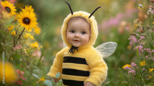 Baby in a Bee Costume in a Flower Field