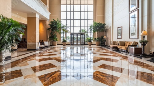 A high-end luxury condominium lobby with a marble floor, high ceilings, stylish decor, and professional concierge services for a grand entrance.