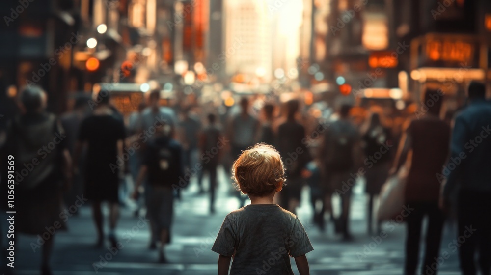 Fototapeta premium A lost child wandering in a busy city, looking confused and overwhelmed by the bustling crowd