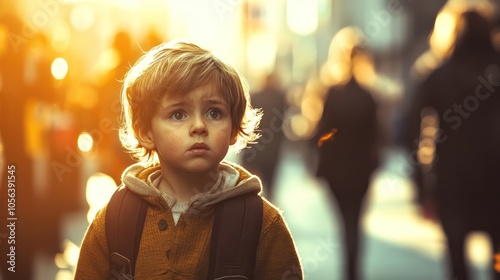 A lost child wandering in a busy city, looking confused and overwhelmed by the bustling crowd
