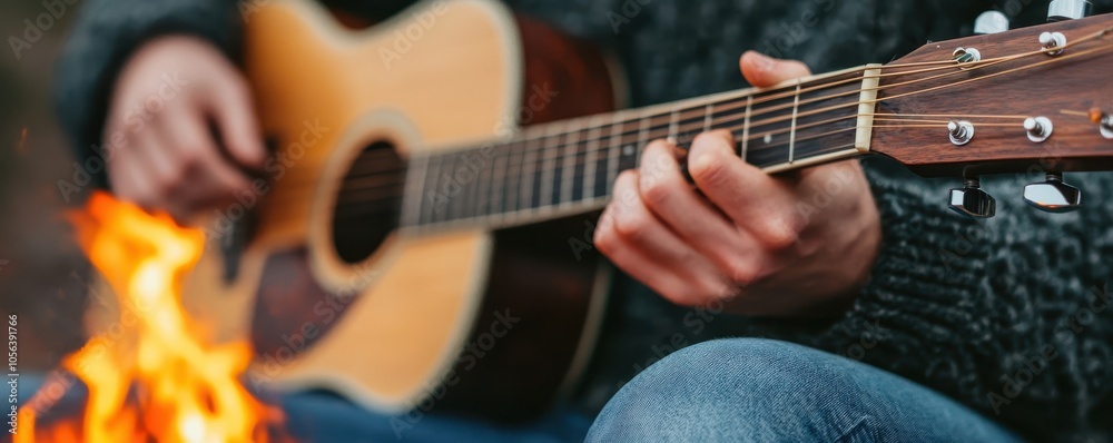 Fototapeta premium A cozy scene featuring a person playing guitar near a campfire, evoking warmth and musical creativity in nature.