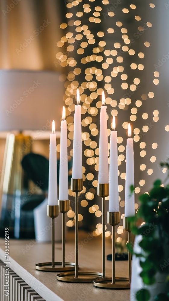 Fototapeta premium Six lit white taper candles in modern gold holders providing elegant, warm holiday lighting with a sparkling bokeh background.