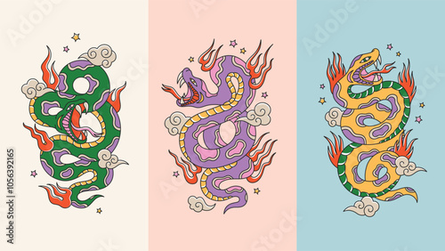Snake set in traditional oriental tattoo style. Happy new year poster templates with snakes, fire, clouds and stars. Colorful pythons of lunar year symbol.