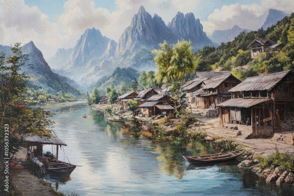 Fototapeta premium A mountain river with traditional fishing villages along its banks, featuring rustic wooden huts and fishing boats, capturing the harmony between village life and nature.