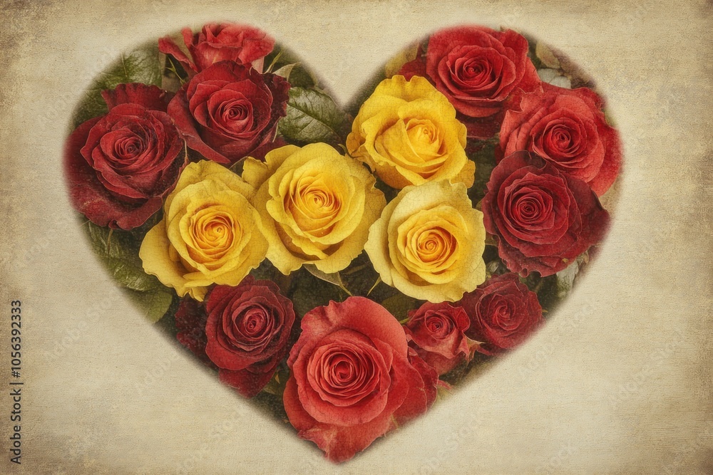 A heart-shaped arrangement of red and yellow roses on a textured background. A heart-shaped arrangement of red and yellow roses on a textured background.