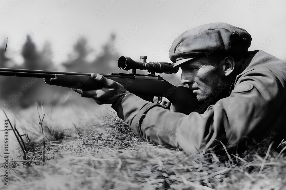 Fototapeta premium World war 2 military soldier aim pistol.