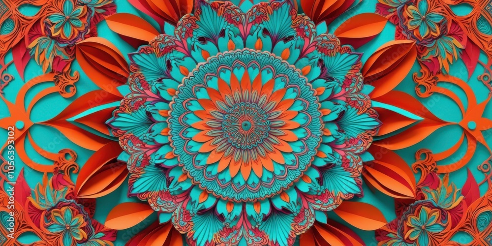 Vibrant kaleidoscope pattern, mandala design, teal and orange color scheme, intricate floral motifs, symmetrical radial composition, psychedelic art style, digital fractal artwork, bold contrasting co