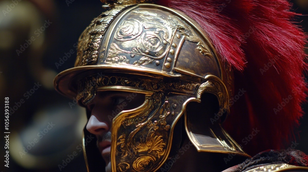 Naklejka premium A Roman soldier helmet close-up, showing the intricate metalwork and the red plume, capturing the craftsmanship and symbolism of rank.